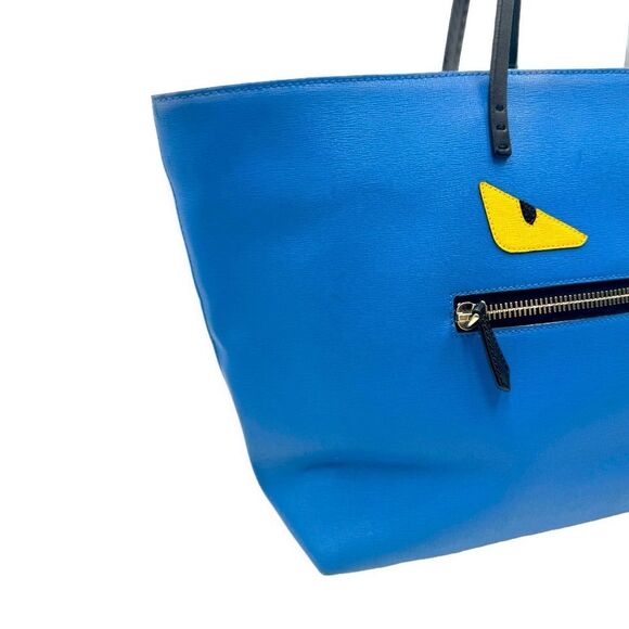 Auth Fendi Blue Leather Monster Bug Eyes Medium Shopper Tote - Picture 2 of 16